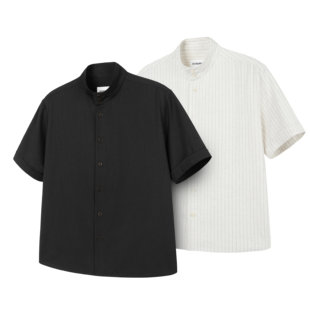 DESERTO 天丝亚麻混纺条纹卷袖哈灵顿立领休闲夏季日常短袖衬衫男