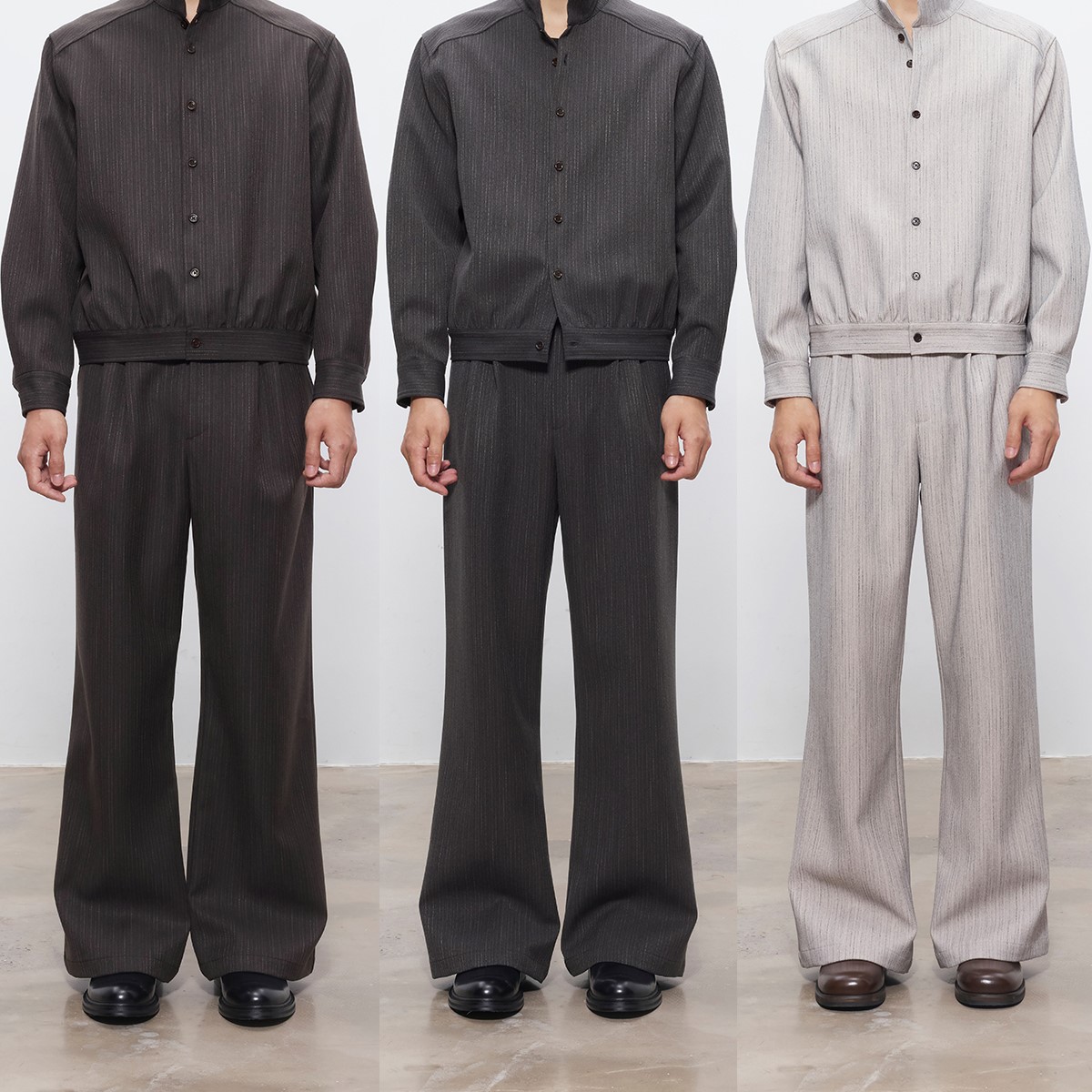 DESERTO 条纹仿羊毛质感精纺微阔A字双褶挺括立体通勤西裤休闲裤