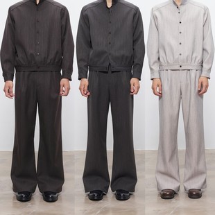 DESERTO 条纹仿羊毛质感精纺微阔A字双褶挺括立体通勤西裤休闲裤