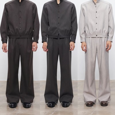 DESERTO 条纹仿羊毛质感精纺微阔A字双褶挺括立体通勤西裤休闲裤