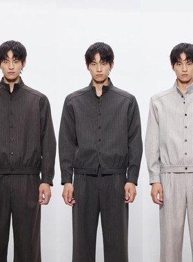 DESERTO 条纹仿羊毛质感精纺肩线前移收腰筋骨感挺括立领衬衫外套