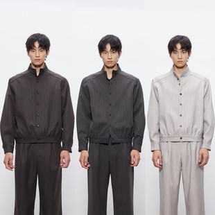 DESERTO 条纹仿羊毛质感精纺肩线前移收腰筋骨感挺括立领衬衫外套