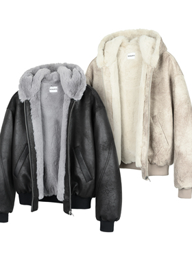 DESERTO 霜冻裂纹皮1500G仿水貂“一件过冬”连帽座山雕PU皮外套