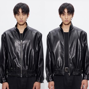 DESERTO PU油蜡皮立领Boxy宽松收腰基础利落皮衣夹克休闲外套男