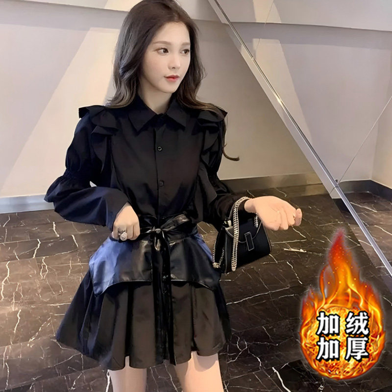 加绒加厚洋气减龄炸街连衣裙2025秋冬季新款女设计感衬衫裙TX0239