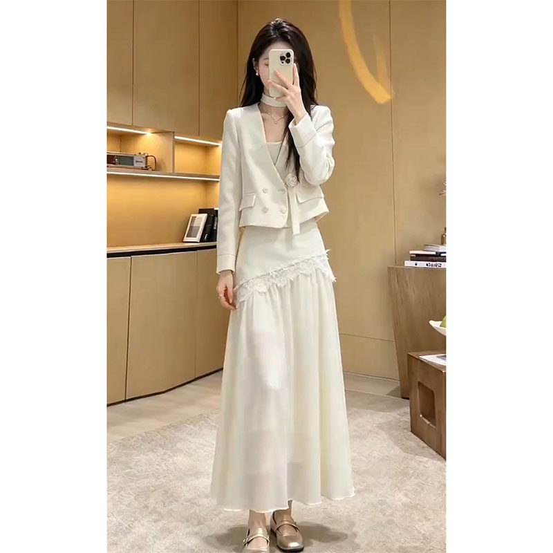 韩系穿搭小个子香风白色西装连衣裙子女秋季2026新款两件套装长裙