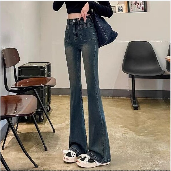 水泥灰微喇牛仔裤女高腰2025秋季新款显瘦弹力修身拖地喇叭裤女