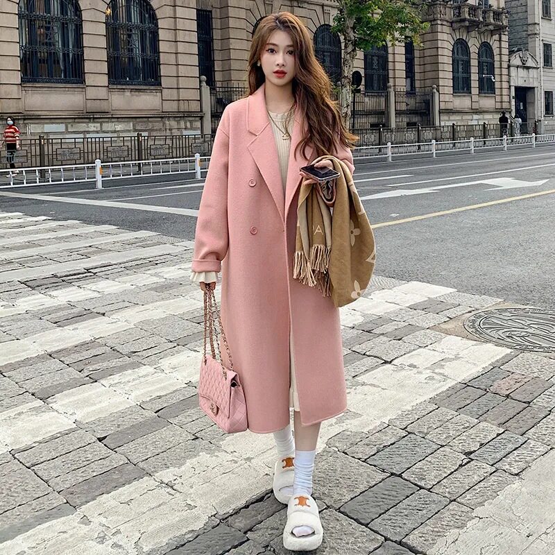 粉色双面羊绒大衣女2023