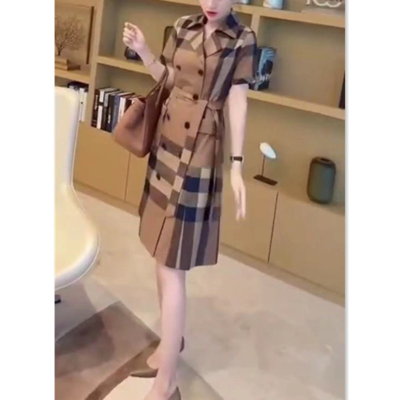 22509大爱美依缘夏季新款双排扣翻领格子显瘦中长款连衣裙女