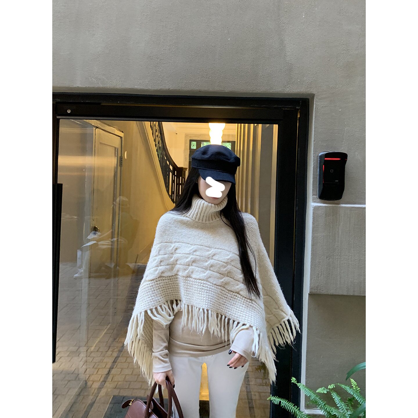 针织衫女早秋季穿搭温柔宽松流苏不规则斗篷披肩毛衣套头高领上衣