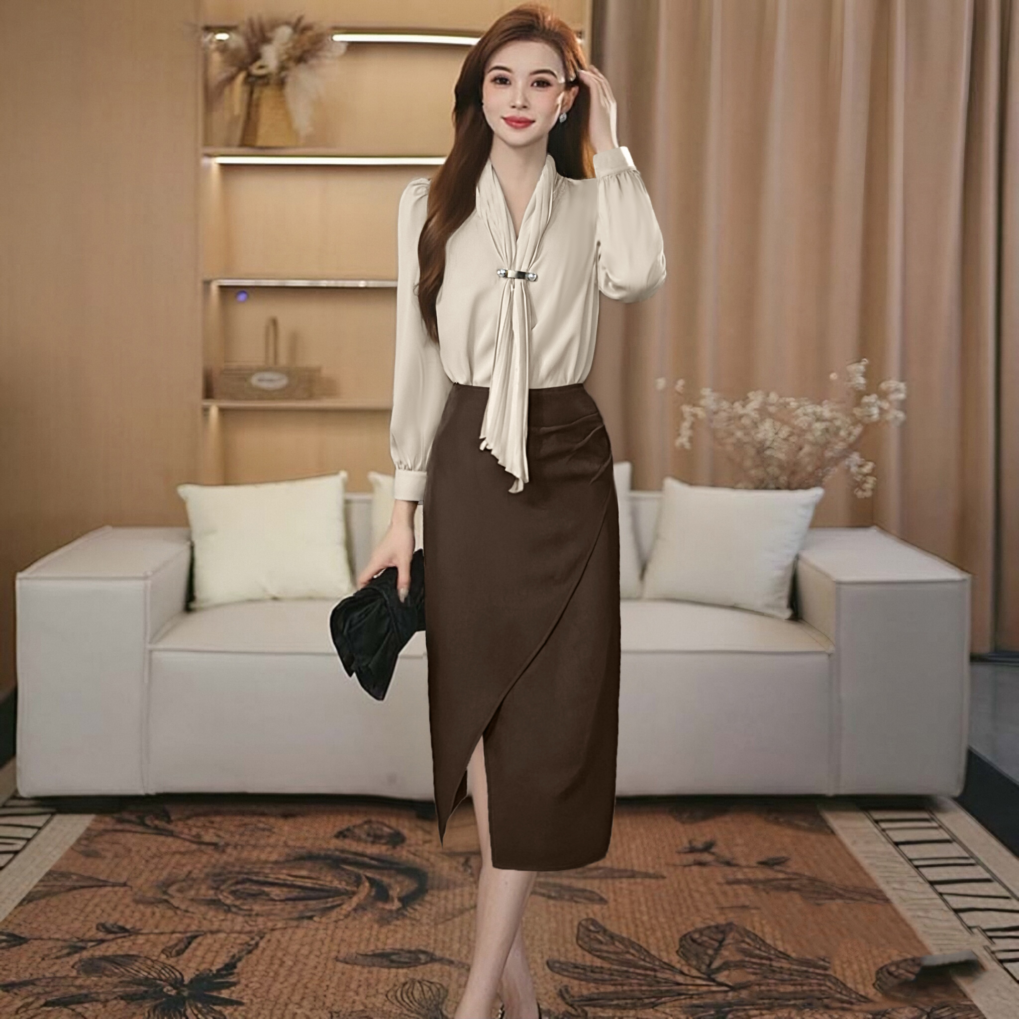 2025秋季新款飘带长袖衬衫设计感上衣+半身裙套装两件套D3669