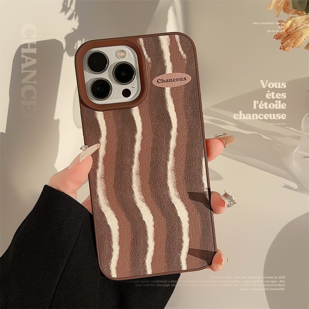 棕色条纹苹果15手机壳16promax复古高级11适用iPhone13皮质防摔硬