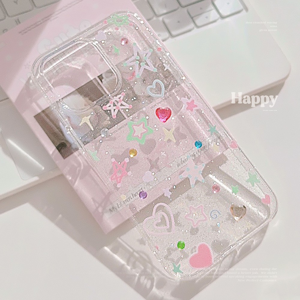 韩系ins彩色星星适用iphone16苹果15手机壳13pro max闪粉11透明12