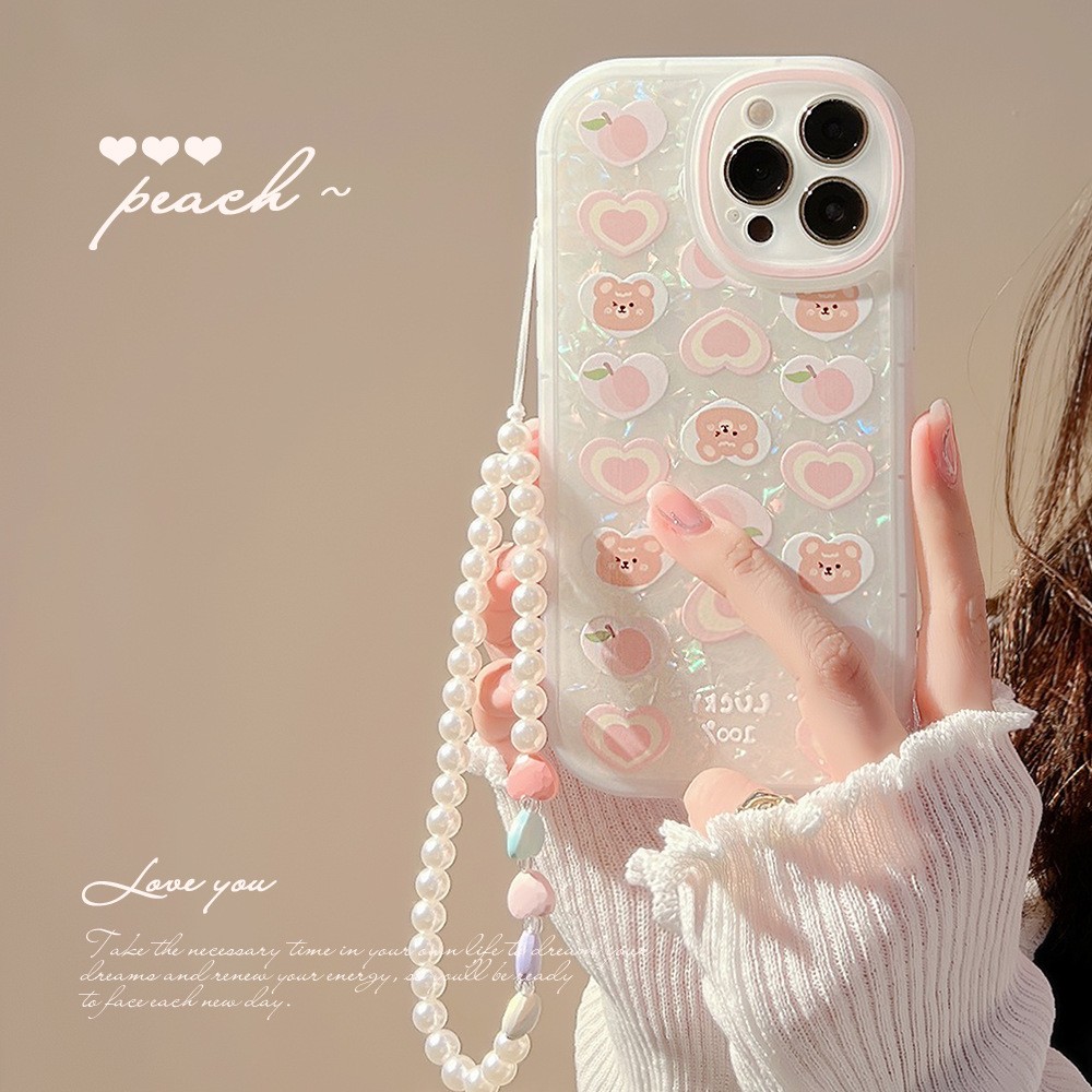 桃子爱心熊适用15promax苹果手机壳iPhone16仙女15珍珠链XR贝壳14