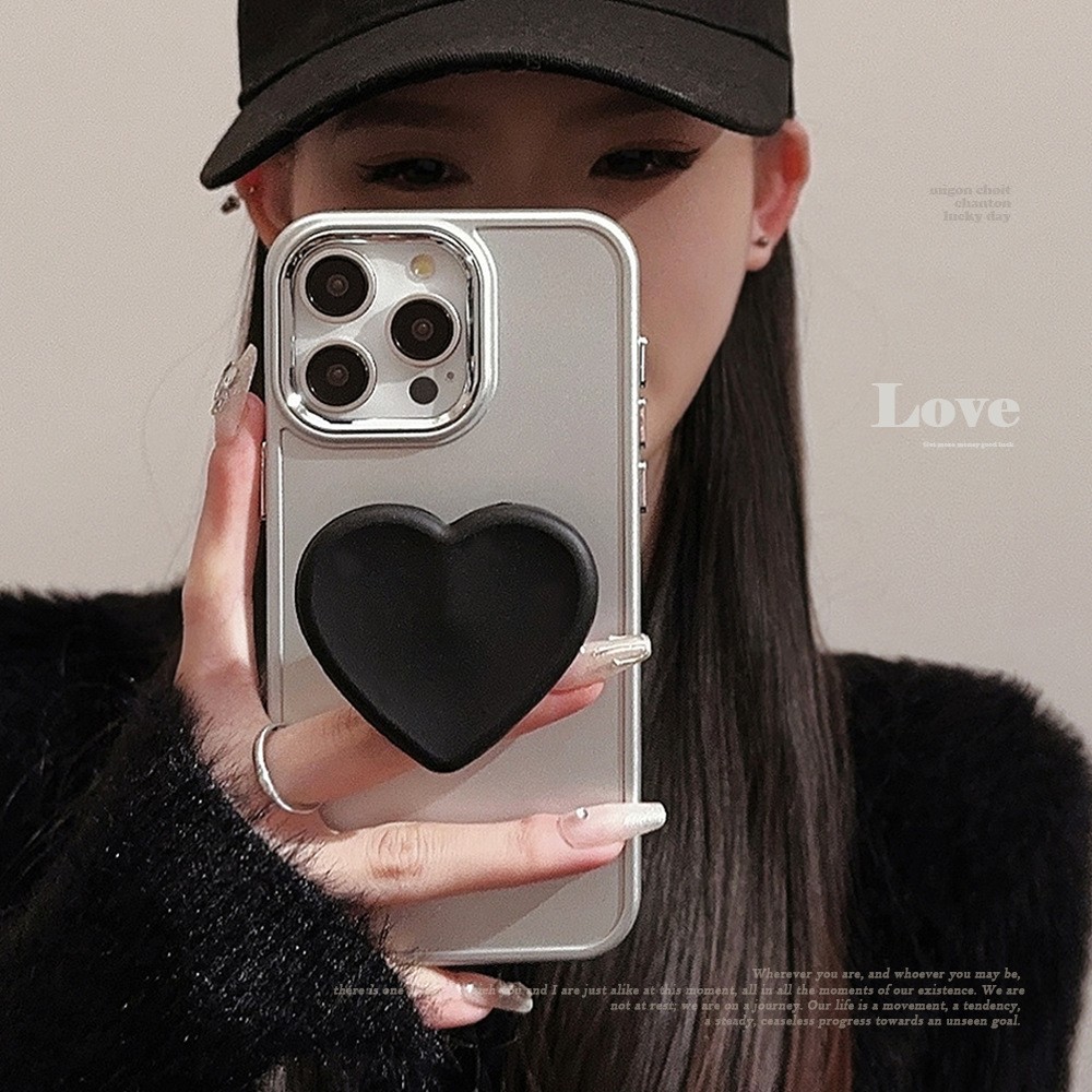 黑色爱心支架14promax手机壳苹果iphone16高级感11适用12电镀15软