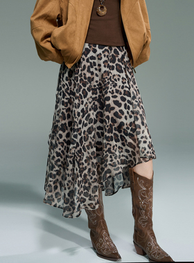 Tuwhy“摩登豹影”秋冬新款半身裙不规则下摆百搭豹纹半裙高级感
