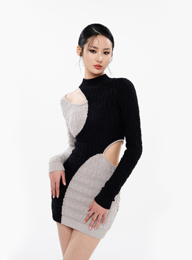 Tu why针织镂空不规则长袖连衣裙女春秋撞色款修身高腰天丝女装裙