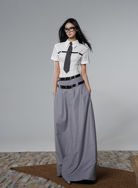 Tu why原创短袖衬衫女小个子夏设计搭扣褶皱连裆衬衣正肩休闲上衣