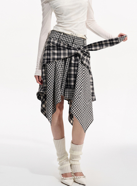 TUWHY原创设计感不规则假两件格子半身裙女夏季