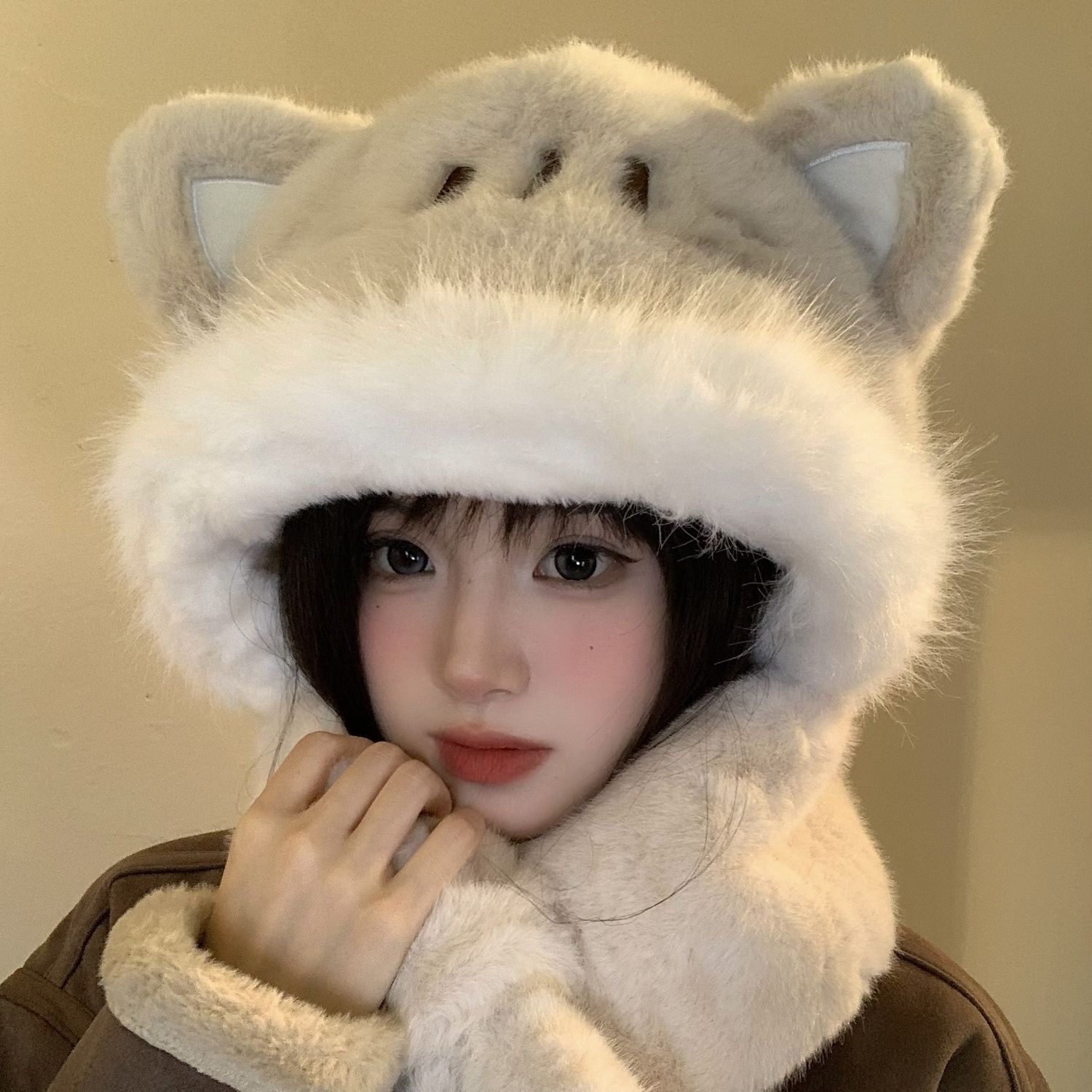 可爱款耳朵帽子围巾一体秋冬季保暖毛绒可爱包头大头围护雷锋帽