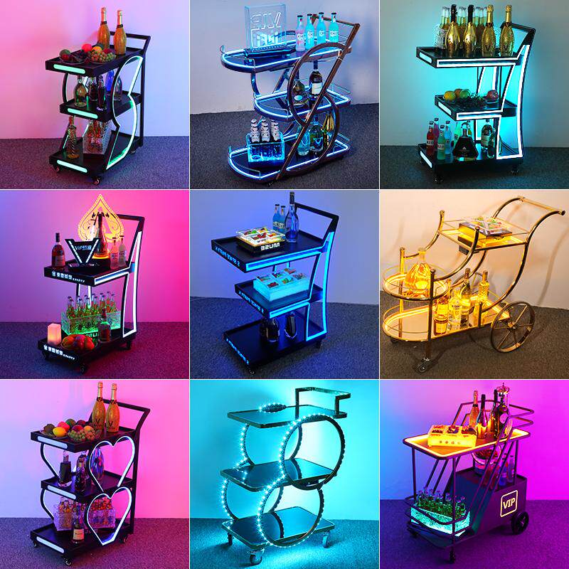 酒吧发光手推车夜场KTV三层出酒送餐车移动洋酒酒水车LED小推车