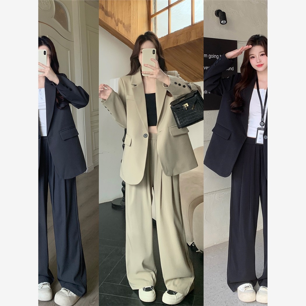 英伦风西装外套阔腿长裤秋季新款大码气质显瘦宽松休闲西服套装女