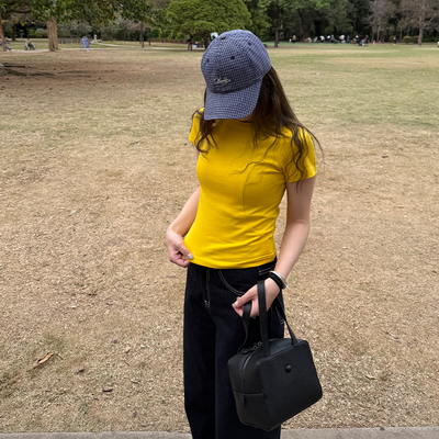 橘子树在哪儿黄色圆领短袖t恤女春夏设计感小众正肩收腰显瘦上衣