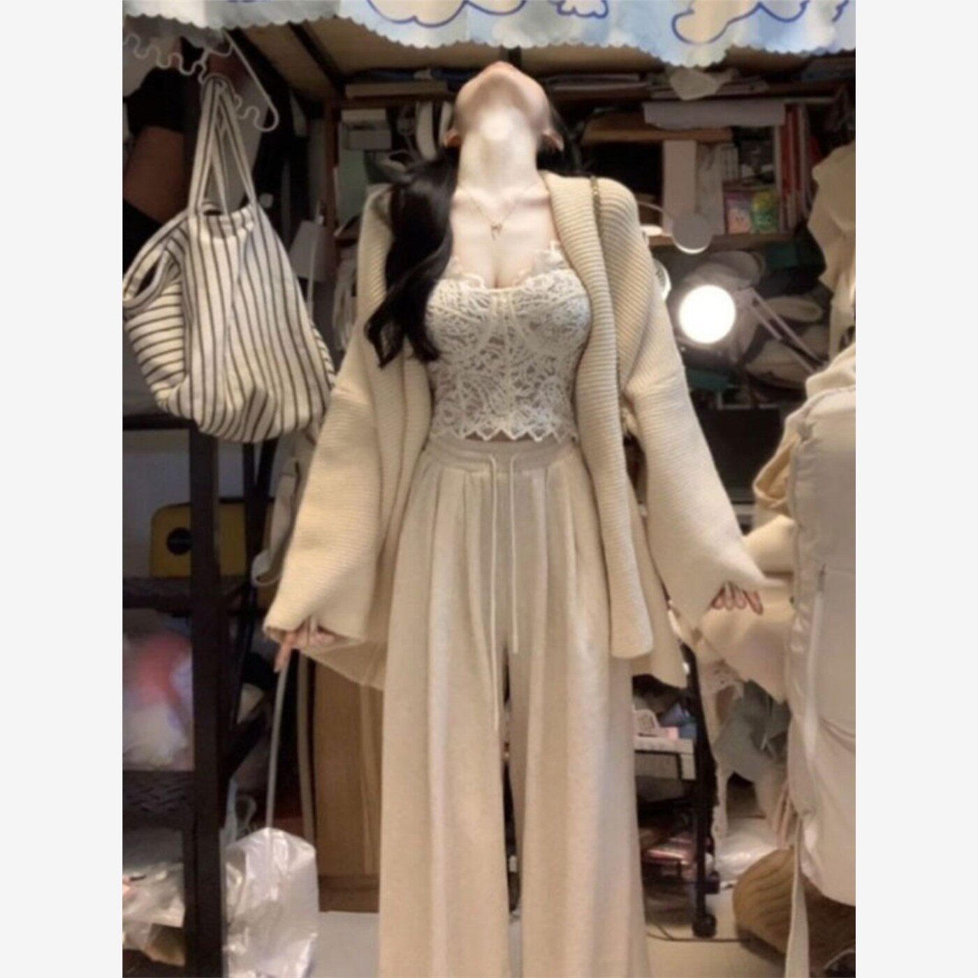 初秋新款套装裤韩系高级感时尚慵懒风毛衣外套吊带长裤三件套休闲