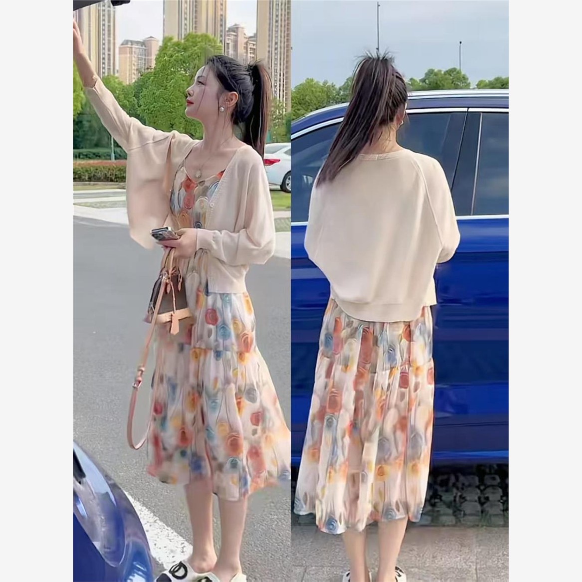 温柔风甜美套装女2025春秋季新款针织开衫碎花吊带连衣裙子两件套