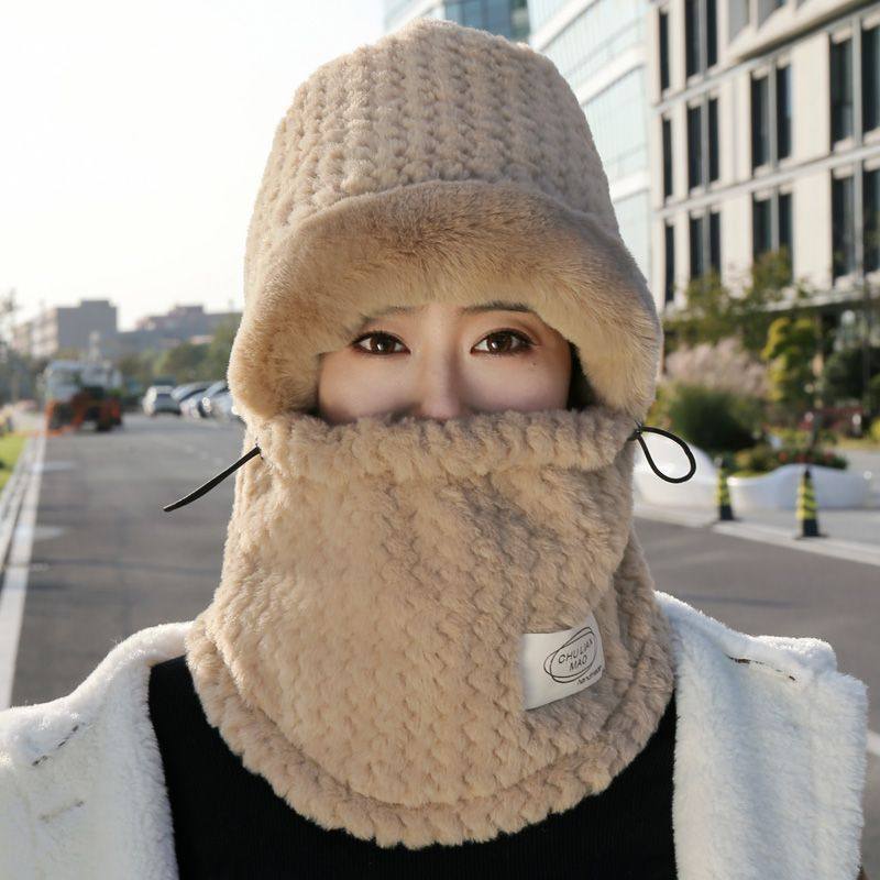 冬季加绒帽子围脖一体保暖护耳滑雪帽户外骑车洋气遮脸加厚套头帽