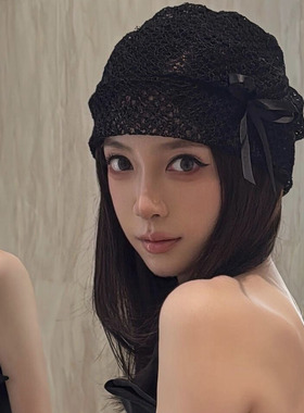 小众设计感镂空蝴蝶结黑色堆堆帽女薄款弹力包头蕾丝帽辣妹冷帽潮