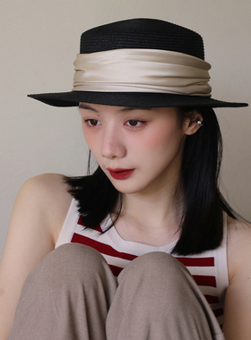 花缘梓轻法式复古黑色小礼帽仿缎面平顶平檐草帽宽檐遮阳帽女夏季