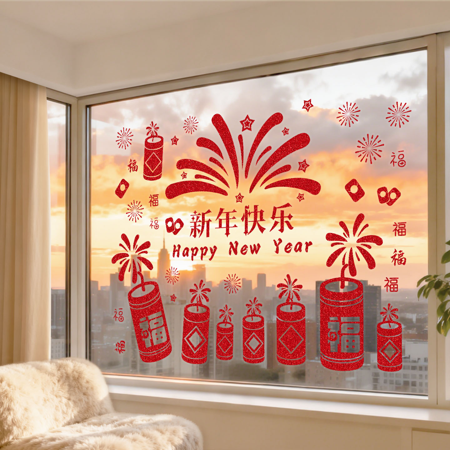 2025新年快乐烟花爆竹贴纸红色喜庆窗户玻璃贴装饰贴画春节用品