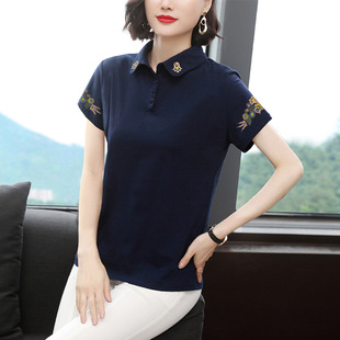 妈妈减龄 官网正品 2025短袖 T恤上衣女中年夏季 纯棉绣花翻领POLO衫
