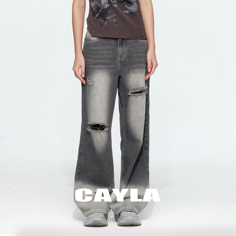 CAYLA春夏破洞牛仔直筒阔腿长裤