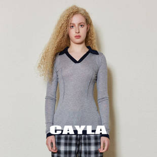 修身 CAYLA天丝羊毛V领翻领撞色长袖 亲肤舒适24AW012 清仓5折购