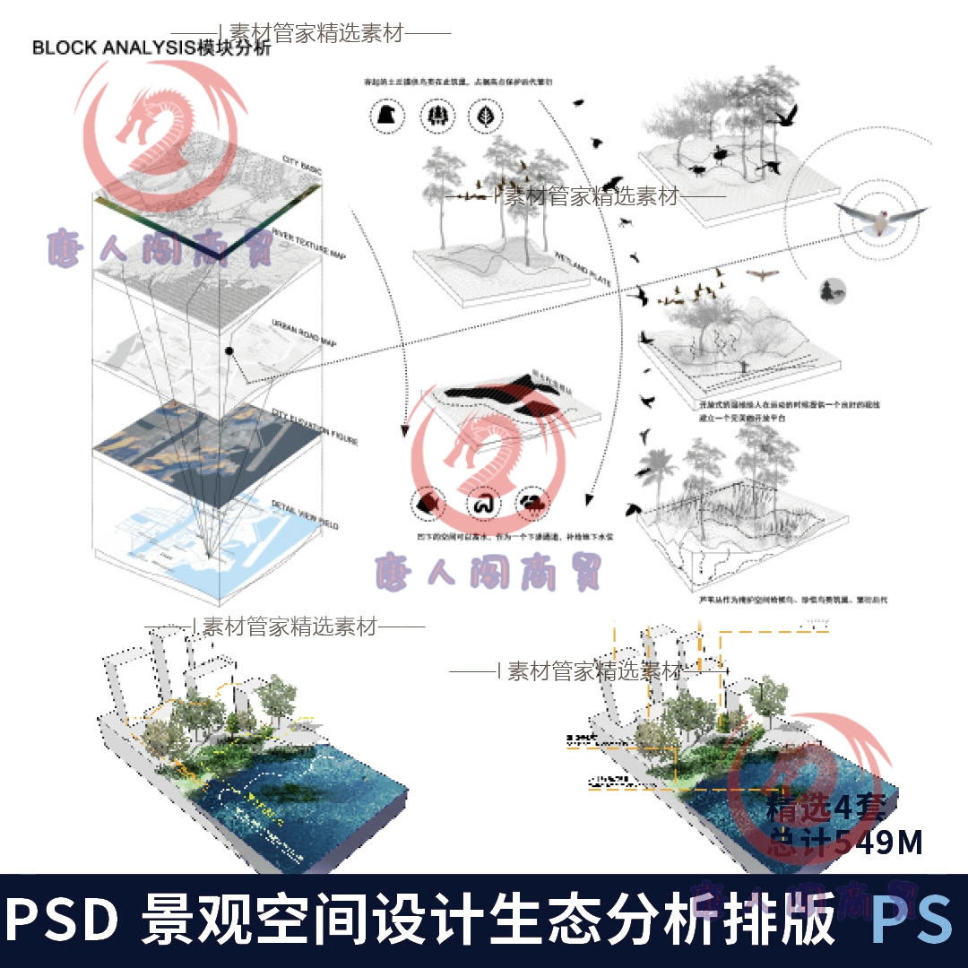 建筑景观竞赛空间形态生态分析图PS文件作品集分析图排版PSD分层