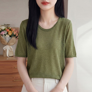 春夏新款天丝亚麻圆领针织衫短袖女点子纱宽松打底衫T恤显瘦上衣