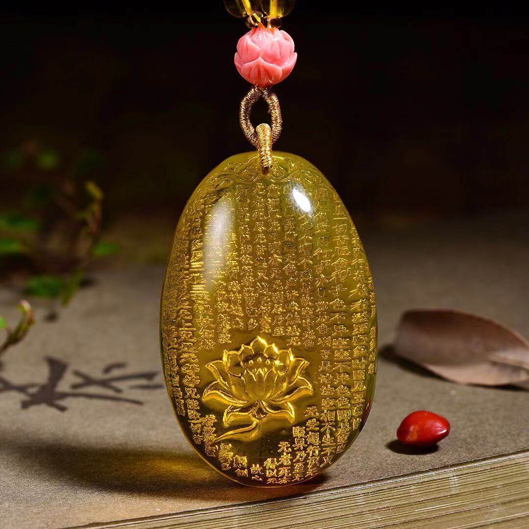 男女款蜜蜡挂件吊坠金珀心经牌子阴雕莲花展会厂家琥珀
