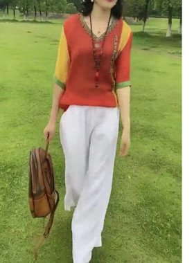 日本george melis夏季新款橘拼黄打底衫白色直筒裤时尚v领显瘦