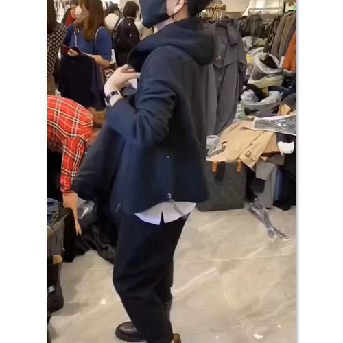 日本george melis秋冬新款黑色连帽短款外套拉链底摆不规则女