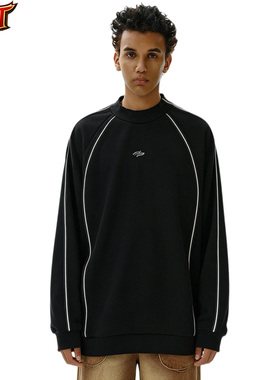 【RST】暗黑机能风反光条卫衣春秋宽松插肩袖麂皮绒小领口上衣