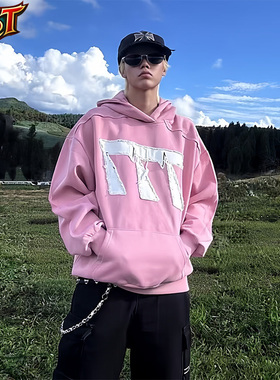 【RisingSTARS】美式印花图案长袖套头连帽衫美式卫衣潮流街头男