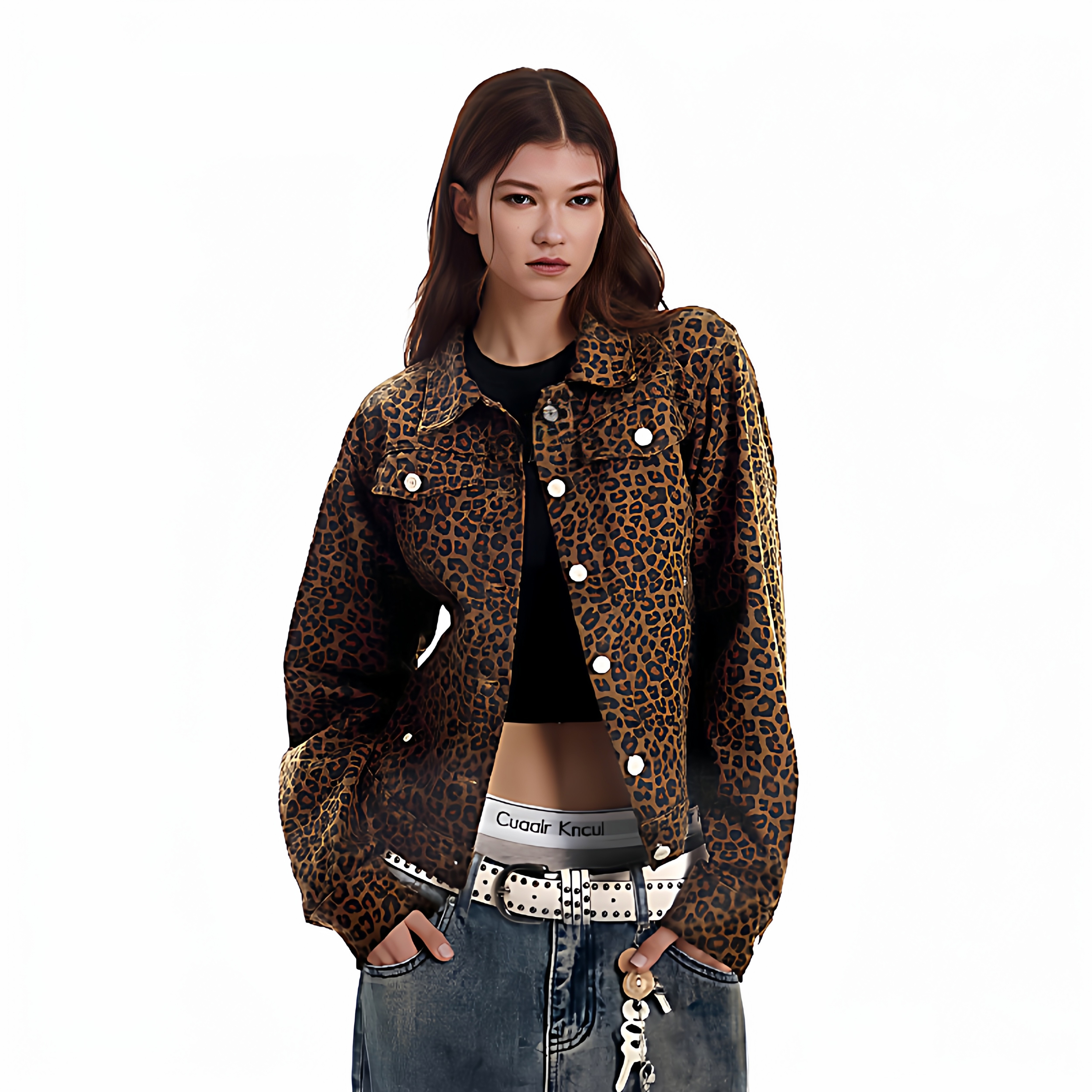 【RST】复古翻领豹纹短夹克美式外套女修身显瘦小众设计感上衣