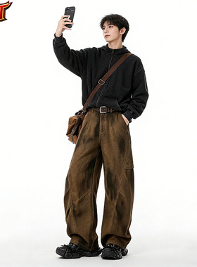 【RST】复古水洗解构弯刀休闲百搭裤潮牌脏染设计阔腿裤工装裤