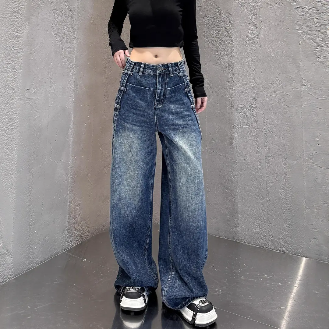 设计感弯刀牛仔裤女春季新款阔腿
