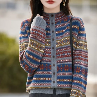 史蒂甄选名品复古提花单排扣针织开衫单穿外搭毛衣女士保暖中老年