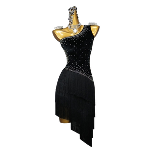 2026新款拉丁舞表演服丝绒演出服黑色舞蹈裙比赛花服专业成少儿童