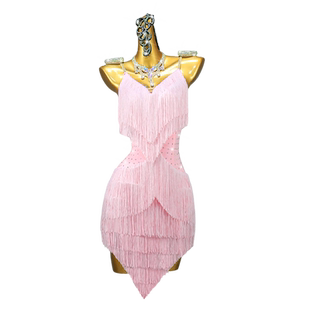 2026粉色专业拉丁舞比赛服装性感女士流苏表演出花服艺考级连衣裙