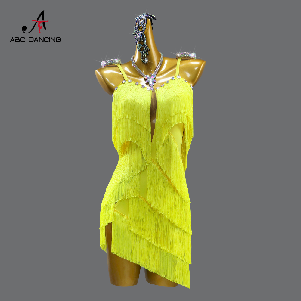 新款黄色拉丁舞流苏裙舞蹈比赛表演出规定花服性感桑巴艺考级solo